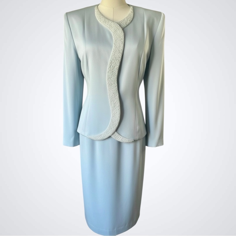 Vintage Blue Beaded Skirt Suit 12 Mother of Bride Formal Satin Set